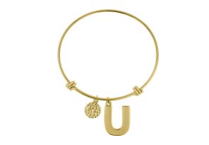 „U“ Initial Expandable Wire Bangle Bracelet in Yellow Gold, 7 Inch by SuperJeweler