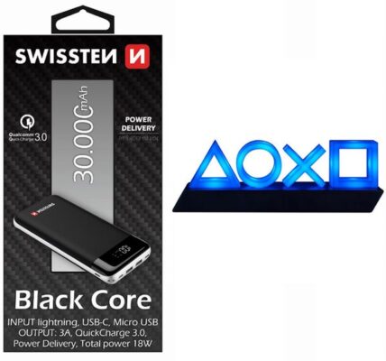 Swissten Black Core Slim Powerbank 30.000 mAh + Playstation 5 Icons Light USB