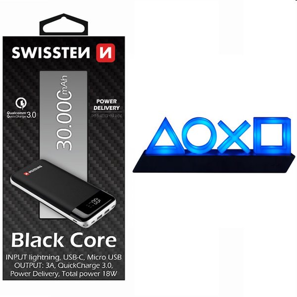 Swissten Black Core Slim Powerbank 30.000 mAh + Playstation 5 Icons Light USB