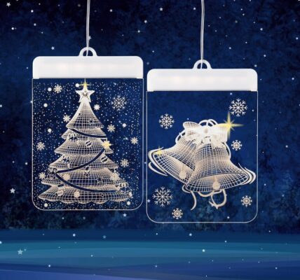 Vianočná svetelná dekorácia do okna STROMČEK A ZVONKY, súprava 2 ks