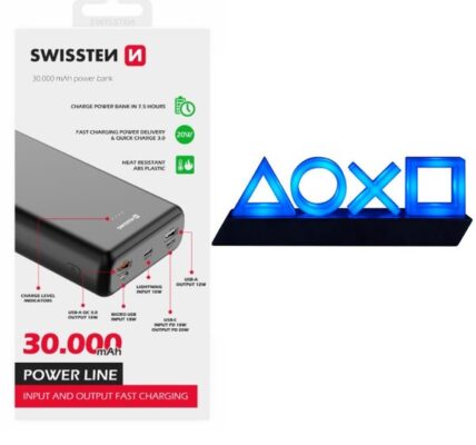 Swissten Power Line Powerbank 30 000 mAh 20W, PD, black + Playstation 5 Icons Light USB