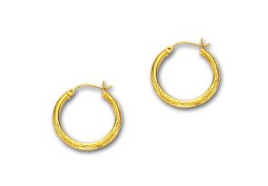 14K Yellow Gold (1.70 g) Polish Finished 25mm Etched Hoop Earrings w/ Hinge w/ Notched Closure by SuperJeweler