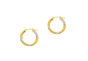 14K Yellow & White Gold (1.40 g) Polish Finished 20mm Diamond Cut Hoop Earrings w/ Hinge w/ Notched Closure by SuperJeweler