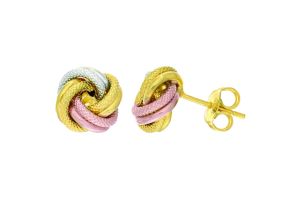 14K Tri-Tone Yellow, White & Rose Gold (1.70 g) Polish Finished 9mm Textured Love Knot Stud Earrings w/ Friction Backs by SuperJeweler