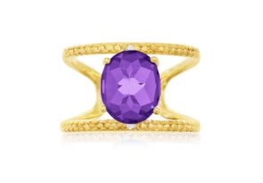 3 Carat Amethyst & Diamond Open Shank Ring in 14K Yellow Gold Over Sterling Silver,  by SuperJeweler