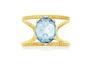 3.40 Carat Blue Topaz & Diamond Open Shank Ring in 14K Yellow Gold Over Sterling Silver, , Size 7 by SuperJeweler