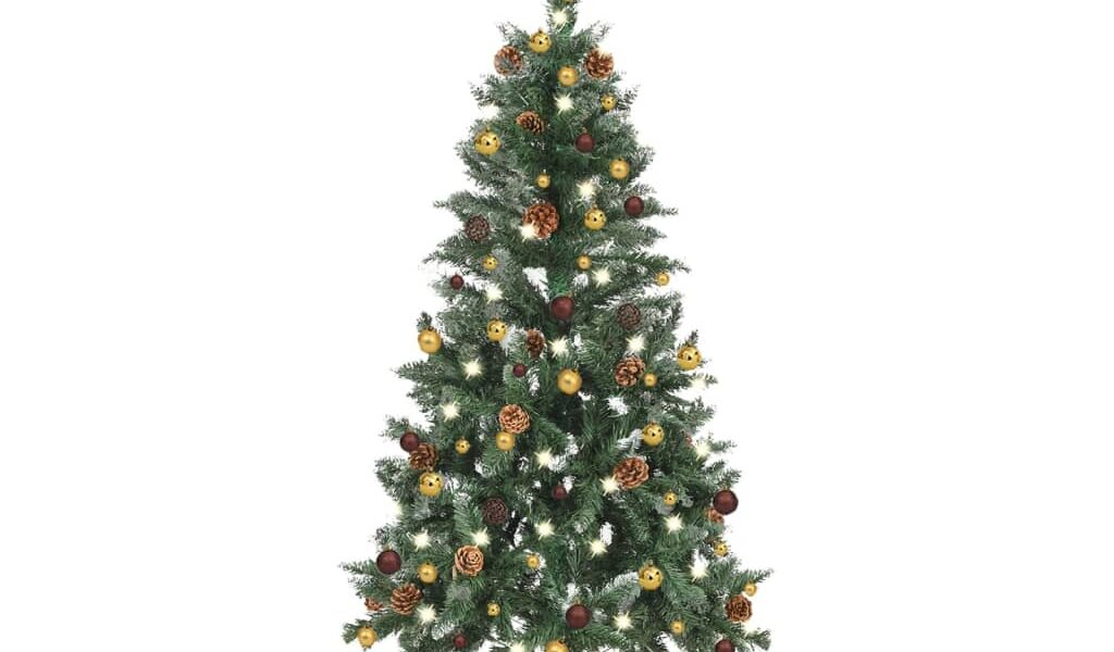 vidaXL Osvetlený umelý vianočný stromček s guľami 150 cm
