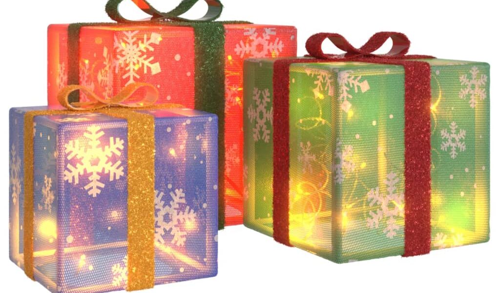 vidaXL Osvetlené vianočné darčeky 3 ks 64 LED diód teplé biele