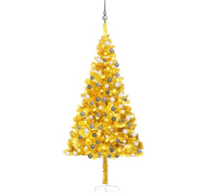 vidaXL Osvetlený umelý vianočný stromček s guľami, zlatý 180 cm, PET