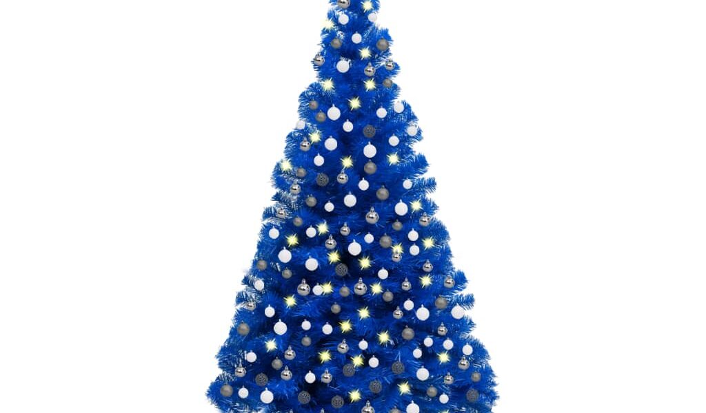 vidaXL Osvetlený umelý vianočný stromček s guľami, modrý 240 cm, PVC