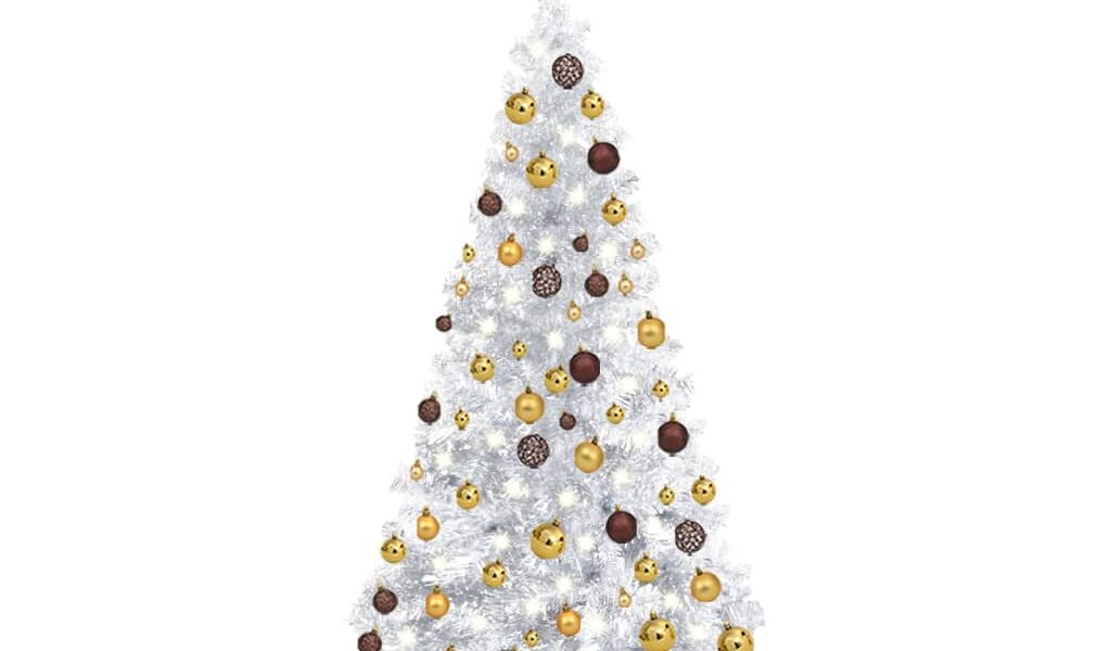vidaXL Osvetlený umelý vianočný stromček s guľami strieborný 150cm PET