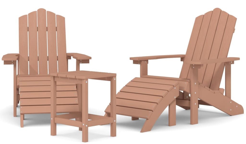 vidaXL Záhradné stoličky Adirondack s podnožkou a stolíkom HDPE hnedé