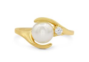 Round Freshwater Cultured Pearl & Diamond Ring in 14K Yellow Gold (2.7 g),  by SuperJeweler
