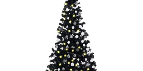 vidaXL Osvetlený umelý vianočný stromček s guľami, čierny 120 cm, PVC