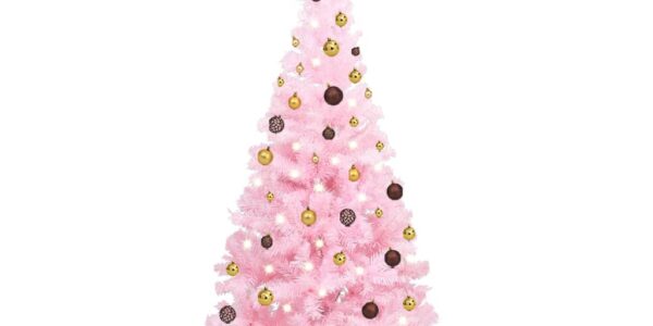 vidaXL Osvetlený umelý vianočný stromček s guľami, ružový 180 cm, PVC