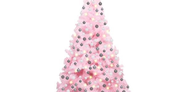 vidaXL Osvetlený umelý vianočný stromček s guľami, ružový 210 cm, PVC