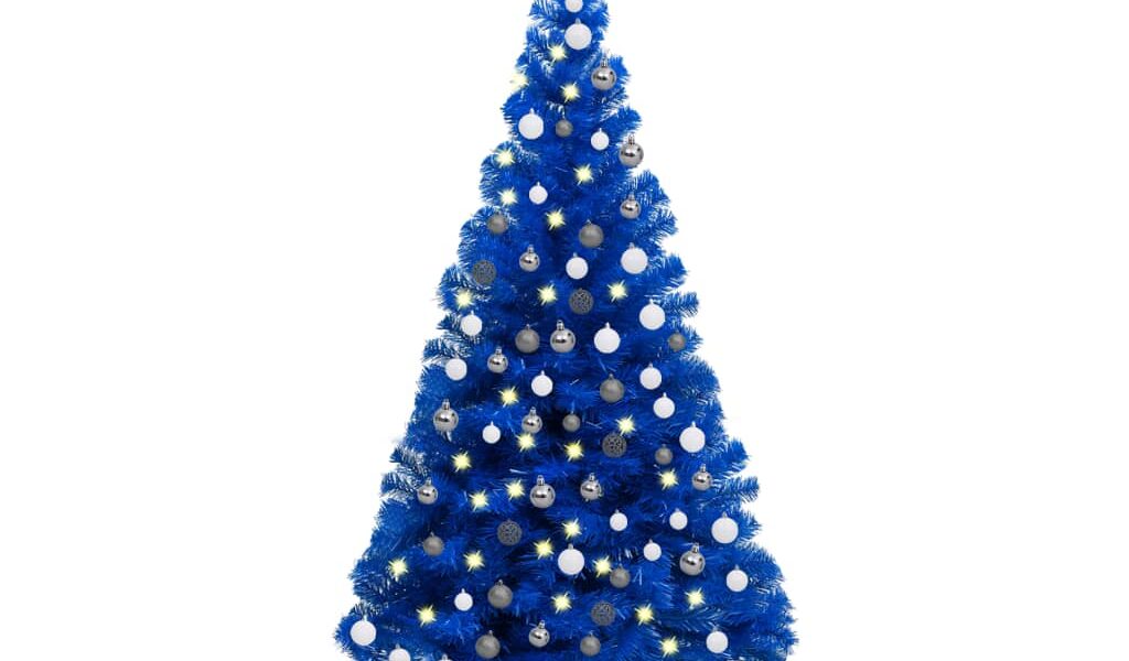 vidaXL Osvetlený umelý vianočný stromček s guľami, modrý 120 cm, PVC