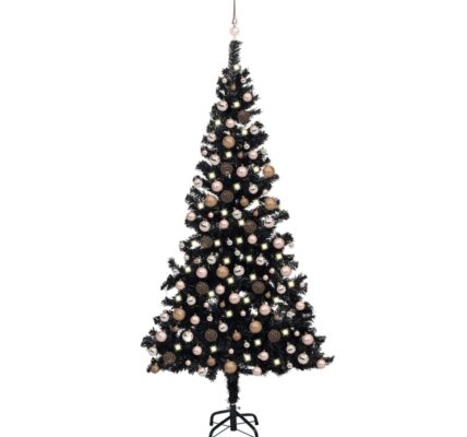 vidaXL Osvetlený umelý vianočný stromček s guľami, čierny 240 cm, PVC