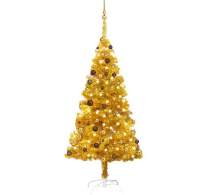 vidaXL Osvetlený umelý vianočný stromček s guľami, zlatý 180 cm, PET