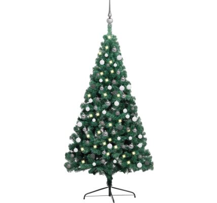vidaXL Osvetlený umelý polovičný vianočný stromček+gule, zelený 120 cm