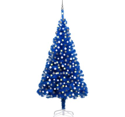 vidaXL Osvetlený umelý vianočný stromček s guľami, modrý 210 cm, PVC