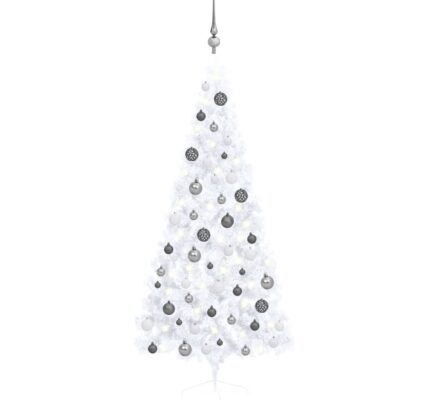 vidaXL Osvetlený umelý polovičný vianočný stromček+gule, biely 180 cm
