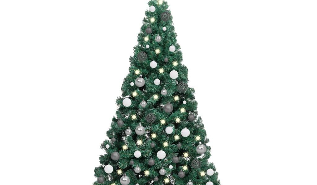 vidaXL Osvetlený umelý polovičný vianočný stromček+gule, zelený 240 cm