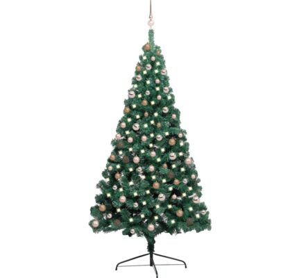 vidaXL Osvetlený umelý polovičný vianočný stromček+gule, zelený 210 cm