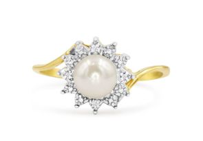 Round Freshwater Cultured Pearl & Halo Diamond Ring in 14K Yellow Gold (2.5 g),  by SuperJeweler