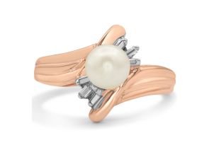 Round Freshwater Cultured Pearl & Baguette Diamond Ring in 14K Rose Gold (2.5 g),  by SuperJeweler