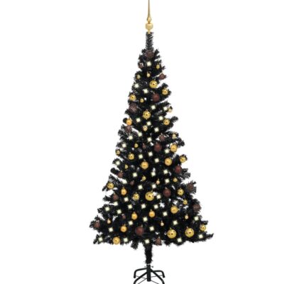 vidaXL Osvetlený umelý vianočný stromček s guľami, čierny 180 cm, PVC