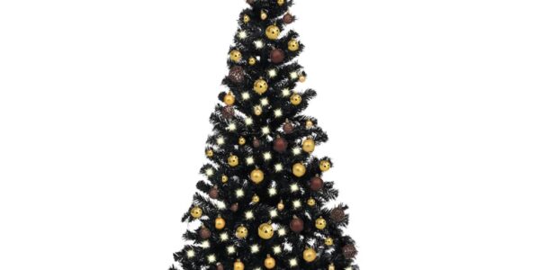 vidaXL Osvetlený umelý vianočný stromček s guľami, čierny 180 cm, PVC