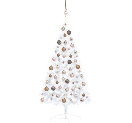 vidaXL Osvetlený umelý polovičný vianočný stromček+gule, biely 120 cm