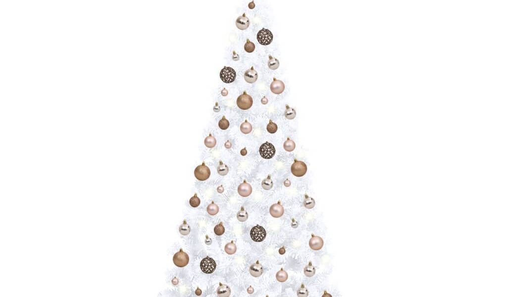 vidaXL Osvetlený umelý polovičný vianočný stromček+gule, biely 240 cm