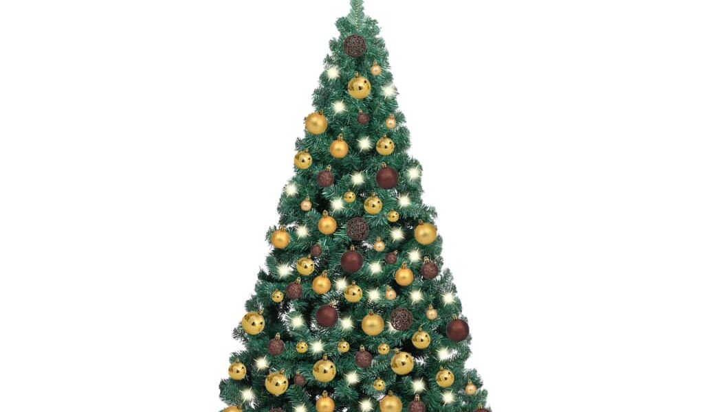 vidaXL Osvetlený umelý polovičný vianočný stromček+gule, zelený 180 cm
