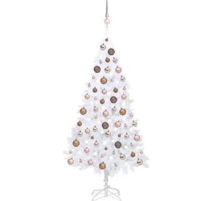 vidaXL Osvetlený umelý vianočný stromček s guľami, biely 120 cm, PVC