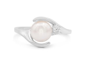Round Freshwater Cultured Pearl & Diamond Ring in 14K White Gold (2.7 g),  by SuperJeweler