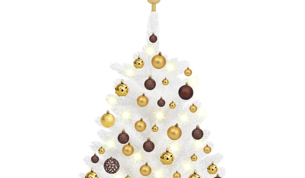 vidaXL Osvetlený umelý vianočný stromček s guľami, biely 65 cm