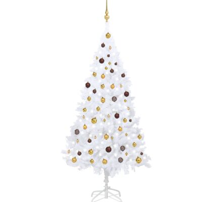 vidaXL Osvetlený umelý vianočný stromček s guľami, biely 210 cm, PVC