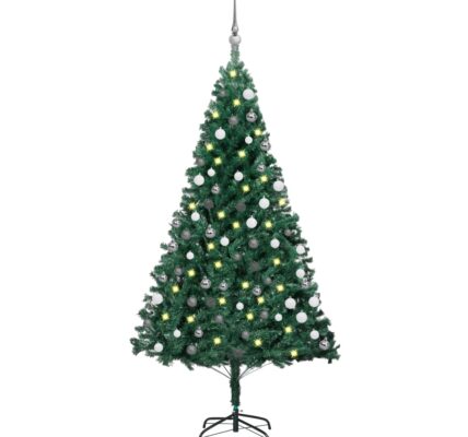 vidaXL Osvetlený umelý vianočný stromček s guľami, zelený 120 cm, PVC