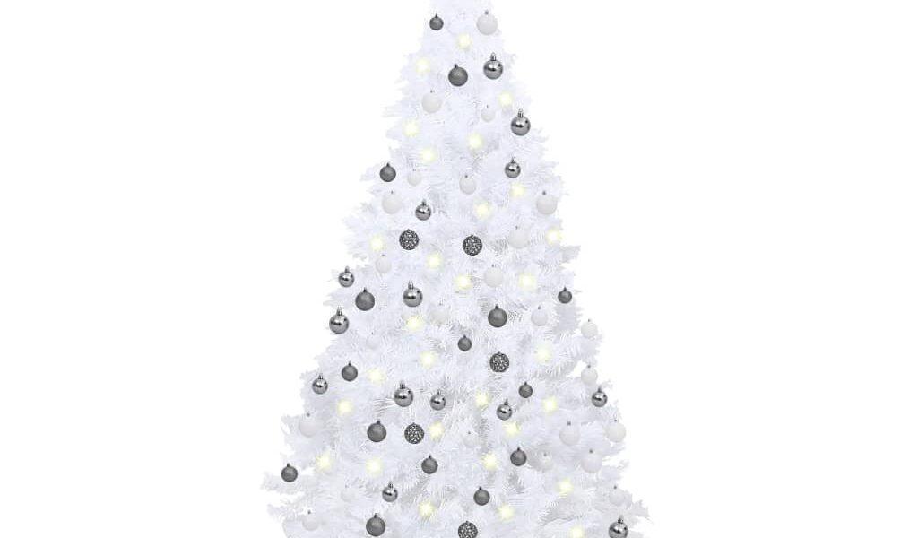 vidaXL Osvetlený umelý vianočný stromček s guľami, biely 150 cm, PVC