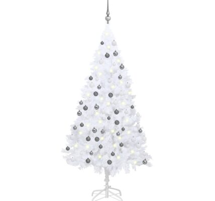 vidaXL Osvetlený umelý vianočný stromček s guľami, biely 150 cm, PVC