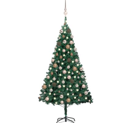 vidaXL Osvetlený umelý vianočný stromček s guľami, zelený 150 cm, PVC