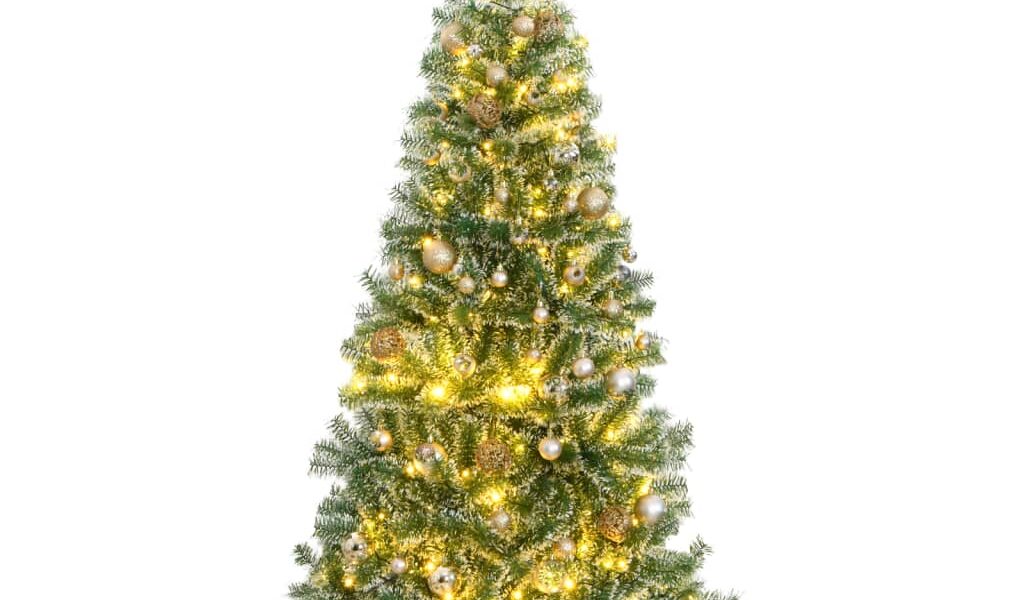 vidaXL Umelý vianočný stromček 300 LED, súprava gulí a sneh 180 cm