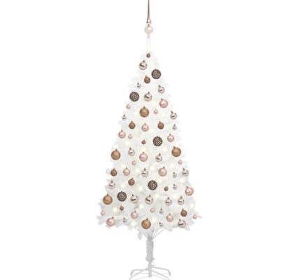 vidaXL Osvetlený umelý vianočný stromček s guľami, biely 180 cm