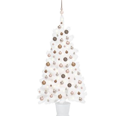 vidaXL Osvetlený umelý vianočný stromček s guľami, biely 90 cm