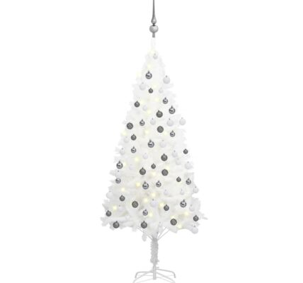 vidaXL Osvetlený umelý vianočný stromček s guľami, biely 120 cm