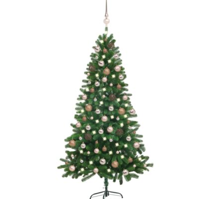 vidaXL Osvetlený umelý vianočný stromček s guľami 180 cm, zelený