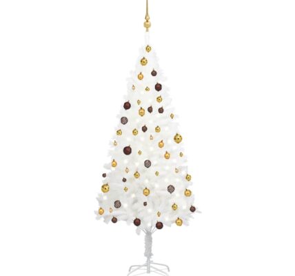 vidaXL Osvetlený umelý vianočný stromček s guľami, biely 180 cm