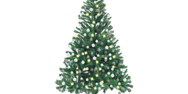vidaXL Osvetlený umelý vianočný stromček+gule 210 cm, 910 vetvičiek